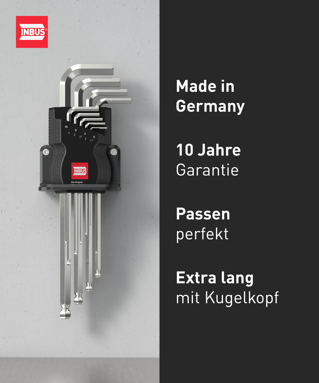 INBUS® 70167 Winkelschraubendreher Set 9tlg, 1.5–10mm, mit Kugelkopf — Made in Germany