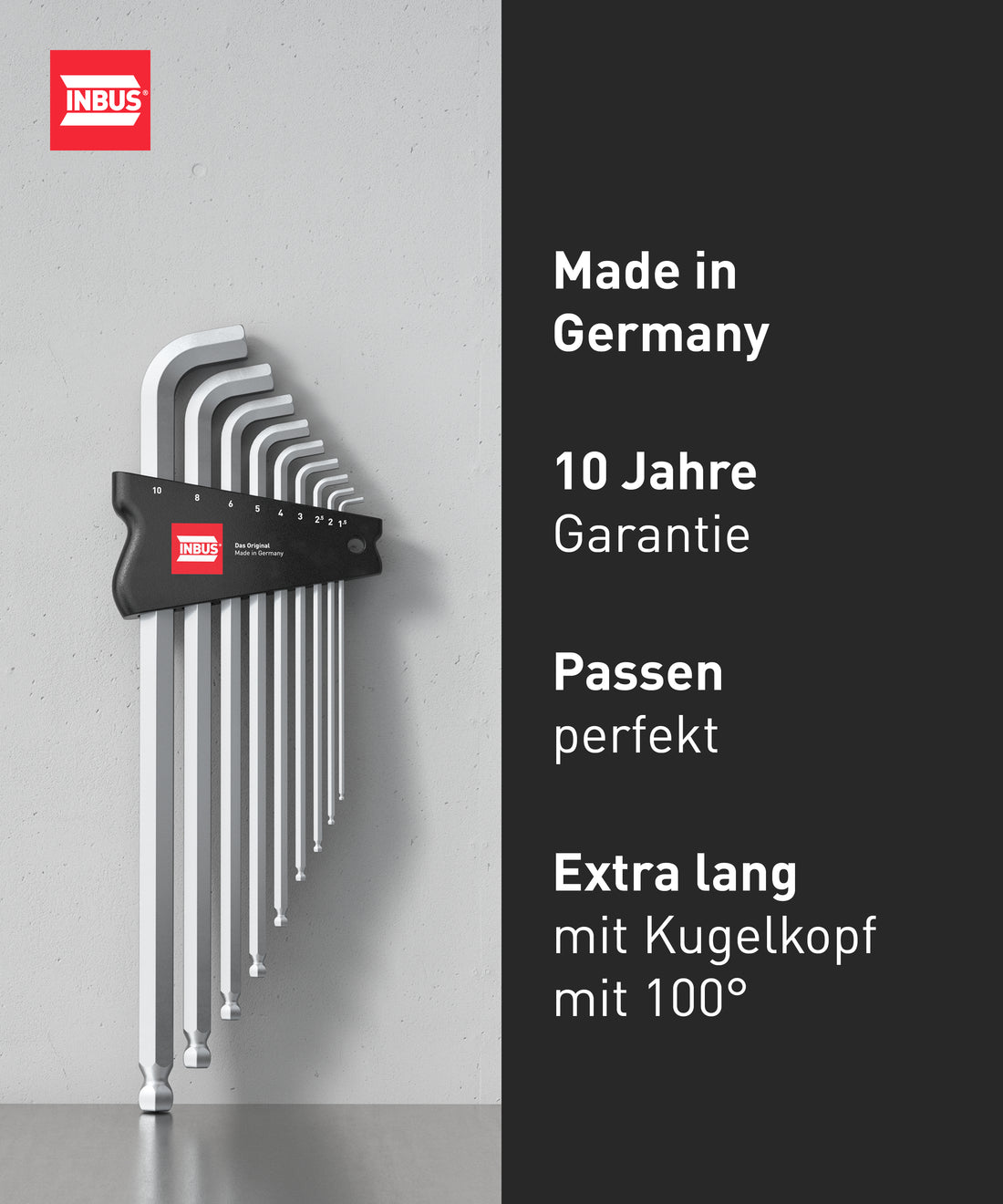 INBUS® 70211 Winkelschraubendreher Set 9tlg, 1.5–10mm, mit 100° Winkel & Kugelkopf — Made in Germany