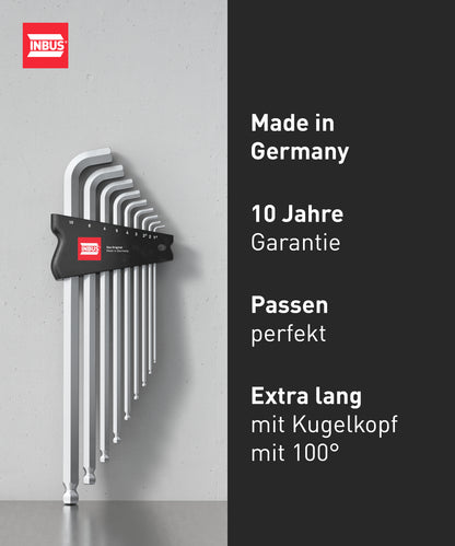 INBUS® 70211 Winkelschraubendreher Set 9tlg, 1.5–10mm, mit 100° Winkel & Kugelkopf — Made in Germany