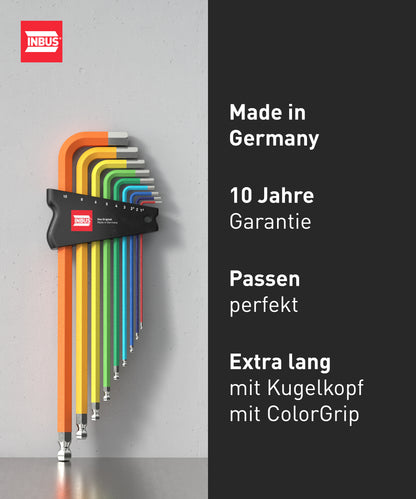 INBUS® 70273 Winkelschraubendreher Set 9tlg, 1.5–10mm, mit ColorGrip bunt & Kugelkopf — Made in Germany