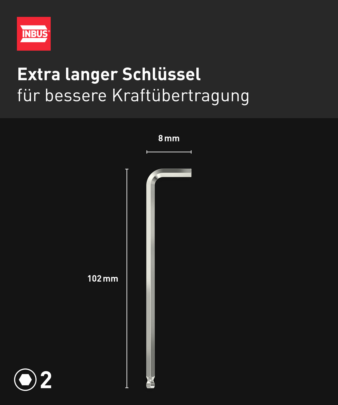 INBUS® 72373 Winkelschraubendreher (Extra lang) 2mm, mit Kugelkopf — Made in Germany