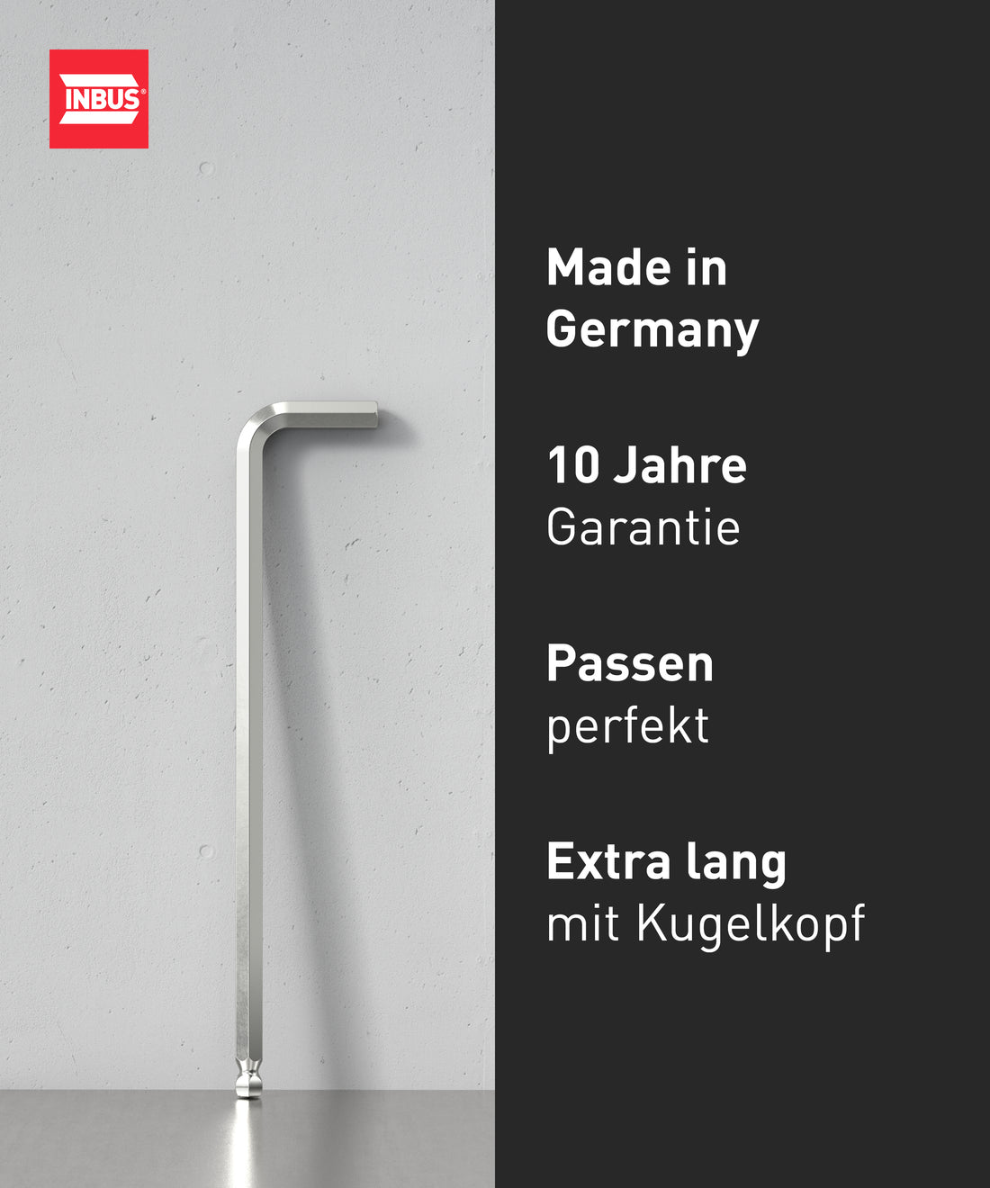 INBUS® 72380 Winkelschraubendreher (Extra lang) 2.5mm, mit Kugelkopf — Made in Germany