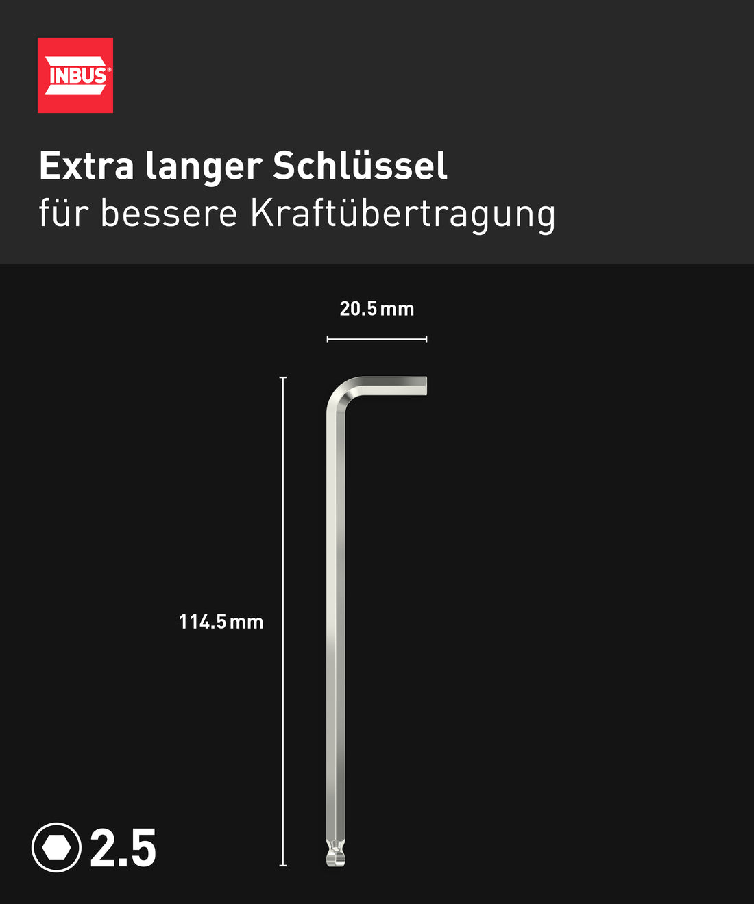INBUS® 72380 Winkelschraubendreher (Extra lang) 2.5mm, mit Kugelkopf — Made in Germany