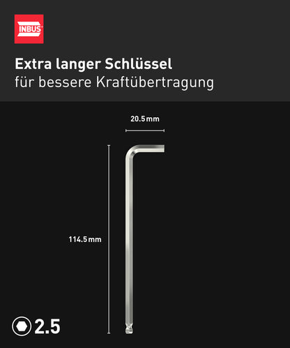 INBUS® 72380 Winkelschraubendreher (Extra lang) 2.5mm, mit Kugelkopf — Made in Germany