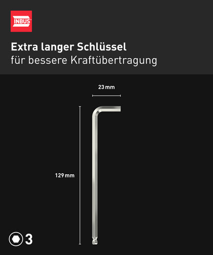 INBUS® 72397 Winkelschraubendreher (Extra lang) 3mm, mit Kugelkopf — Made in Germany