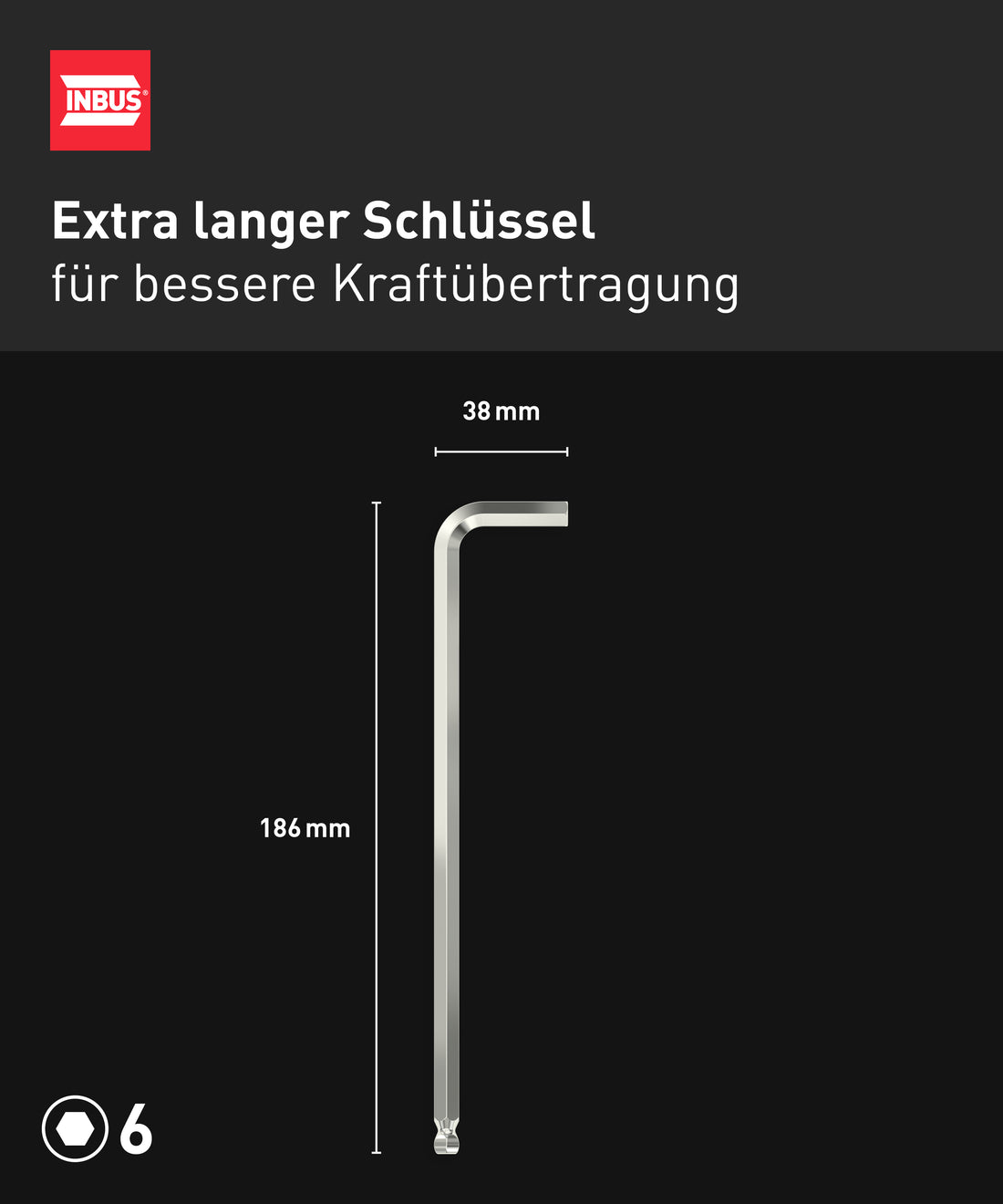 INBUS® 72434 Winkelschraubendreher (Extra lang) 6mm, mit Kugelkopf — Made in Germany