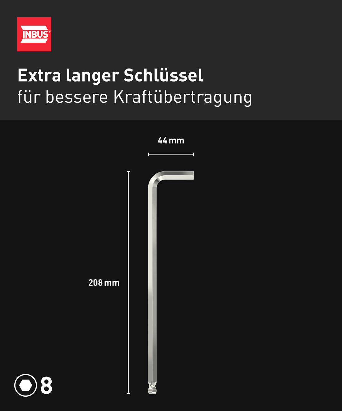 INBUS® 72458 Winkelschraubendreher (Extra lang) 8mm, mit Kugelkopf — Made in Germany