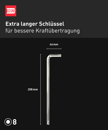 INBUS® 72458 Winkelschraubendreher (Extra lang) 8mm, mit Kugelkopf — Made in Germany