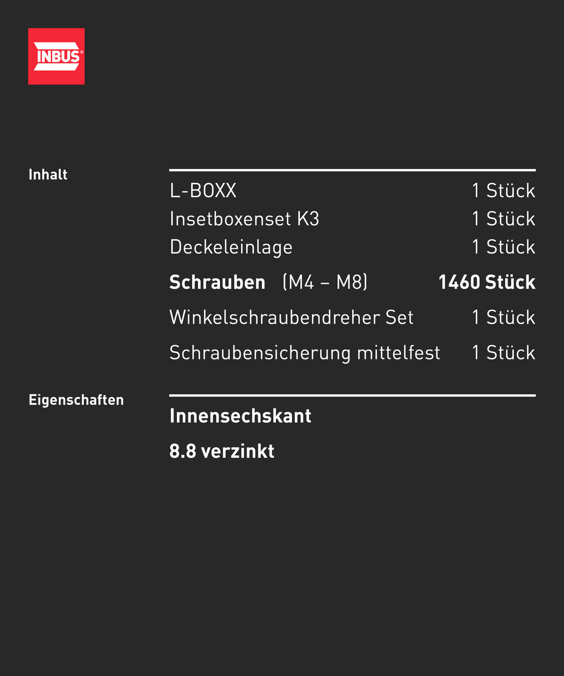 INBUS® Zylinderkopfschrauben Sortiment in L-BOXX (DIN 912 / ISO 4762, 8.8 verzinkt), 1462 Stück— Das Original (7400101-IN)