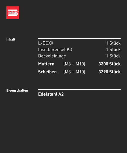 INBUS® Muttern und Unterlegscheiben Sortiment in L-BOXX (Edelstahl A2), 6590 Stück — Das Original (7400104-IN)
