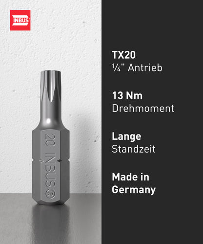 INBUS® 74421 Bit-Box TX20 × 25mm (Zähhart), 12 Stück — Made in Germany
