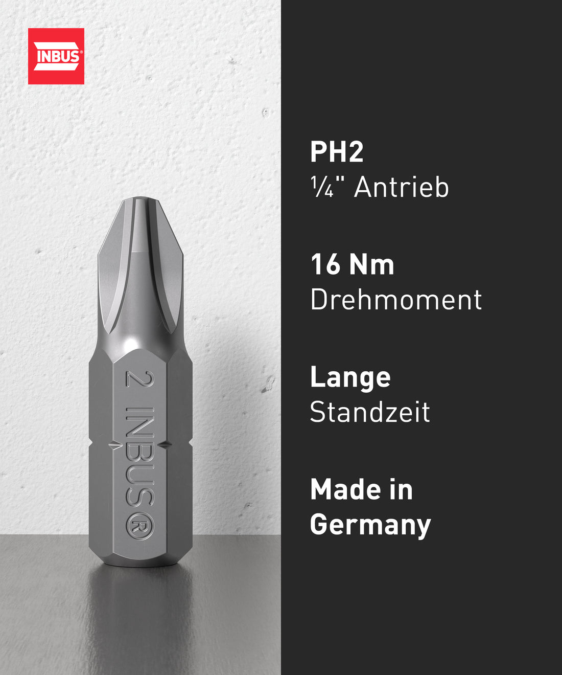 INBUS® 74445 Bit-Box PH2 × 25mm (Zähhart), 12 Stück — Made in Germany