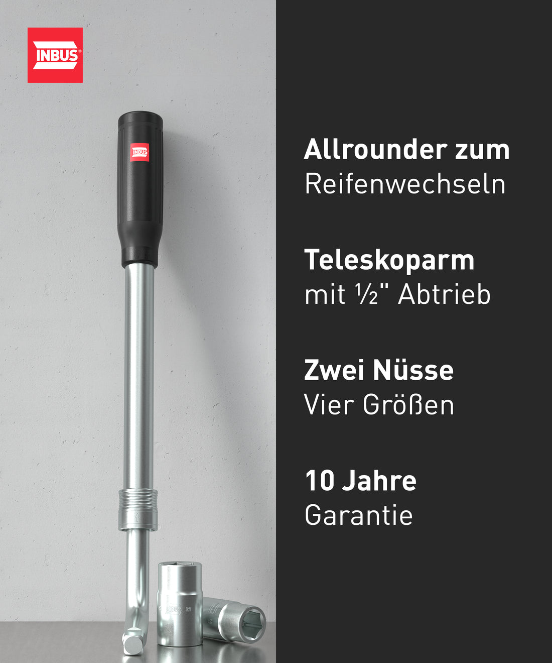 INBUS® 74926 Teleskop Radmuttern-Schlüssel Set 4tlg, mit 17/19mm und 21/23mm Nüssen inkl. Aufbewahrungstasche