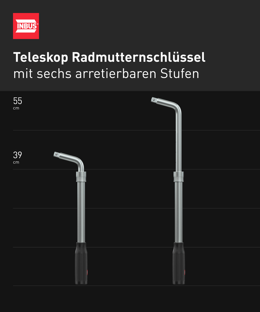 INBUS® 74926 Teleskop Radmuttern-Schlüssel Set 4tlg, mit 17/19mm und 21/23mm Nüssen inkl. Aufbewahrungstasche