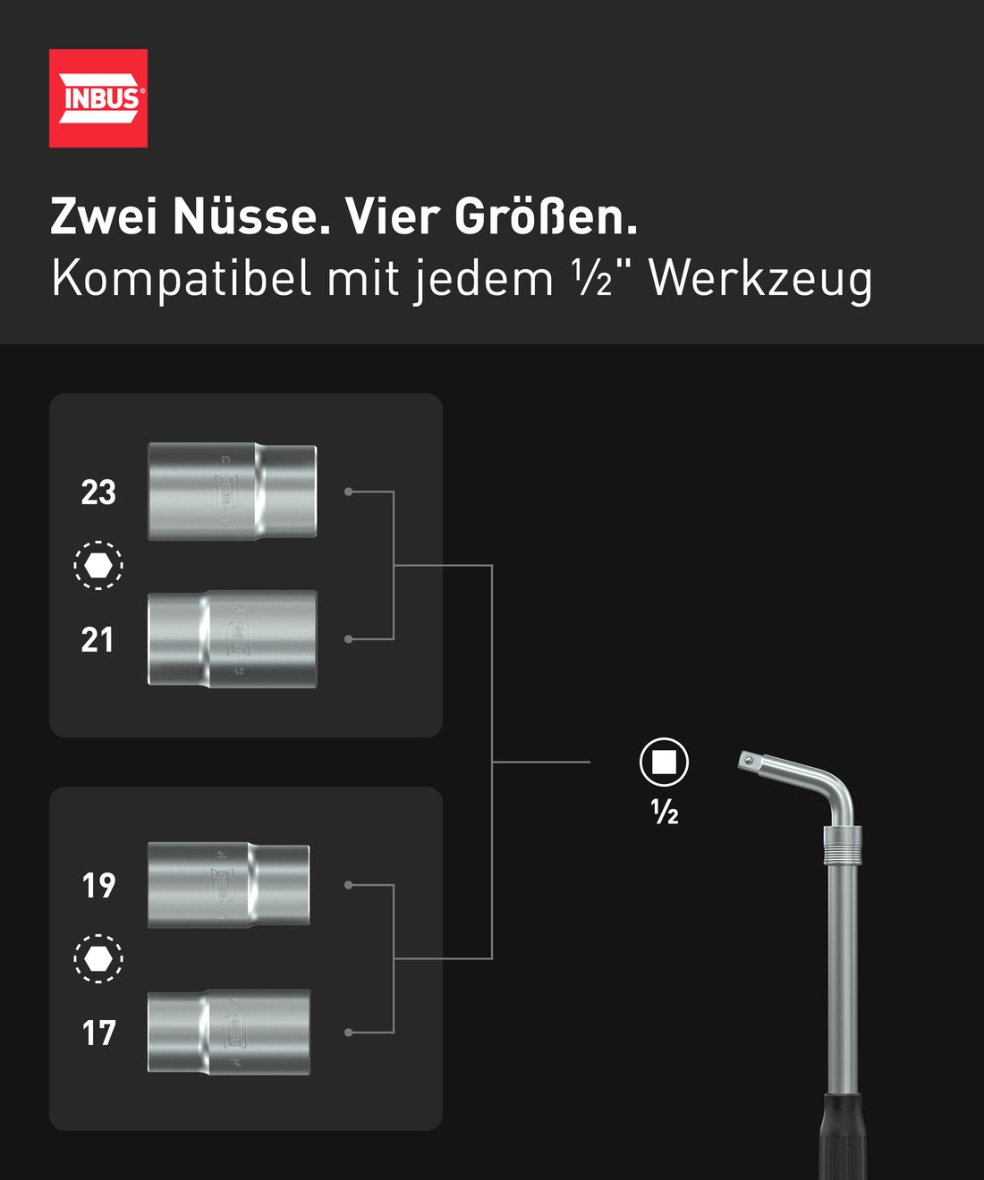 INBUS® 74926 Teleskop Radmuttern-Schlüssel Set 4tlg, mit 17/19mm und 21/23mm Nüssen inkl. Aufbewahrungstasche