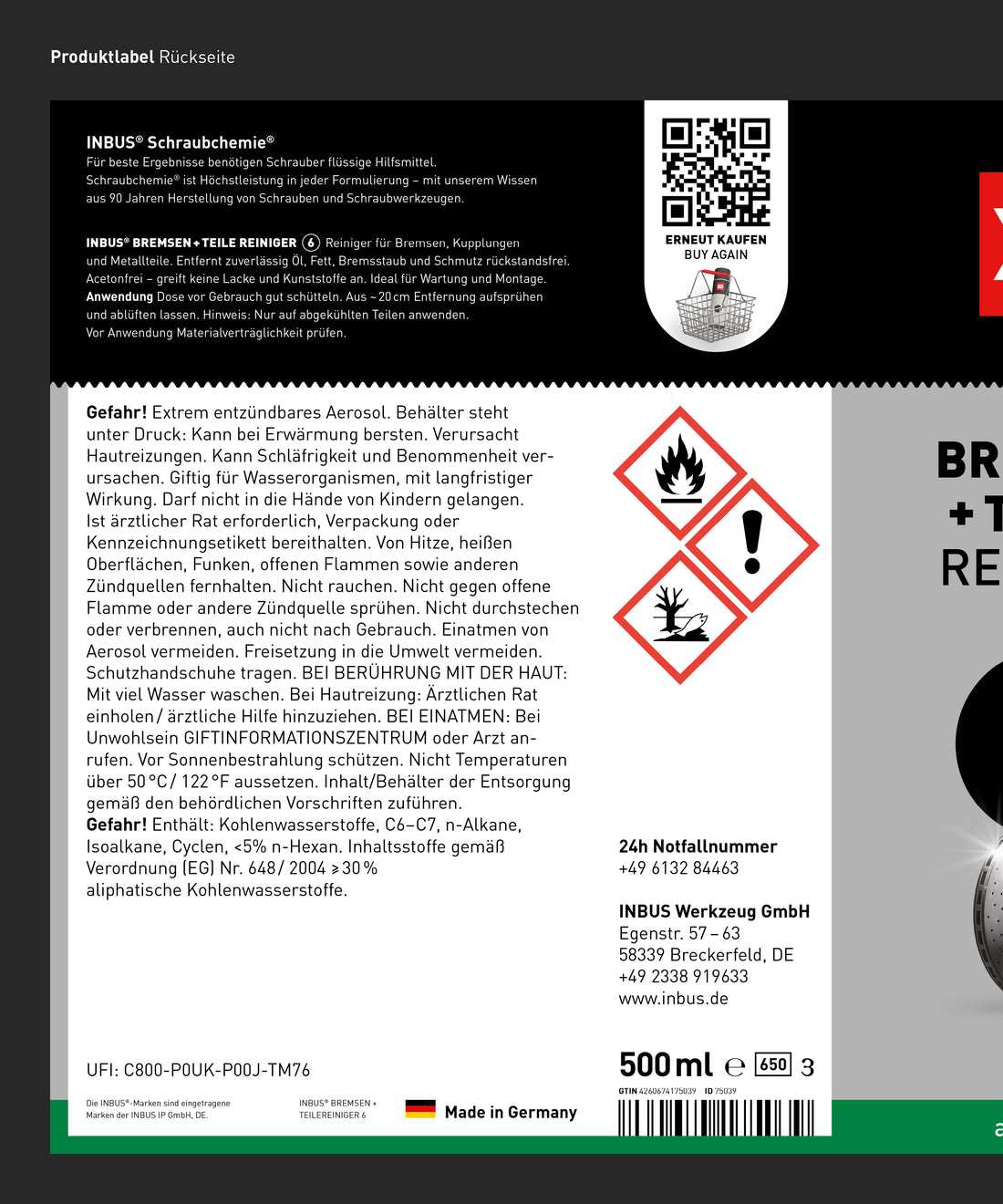 INBUS® Bremsen + Teilereiniger (acetonfrei), 500ml — Nr. 6 der Schraubchemie® — Made in Germany (75039)
