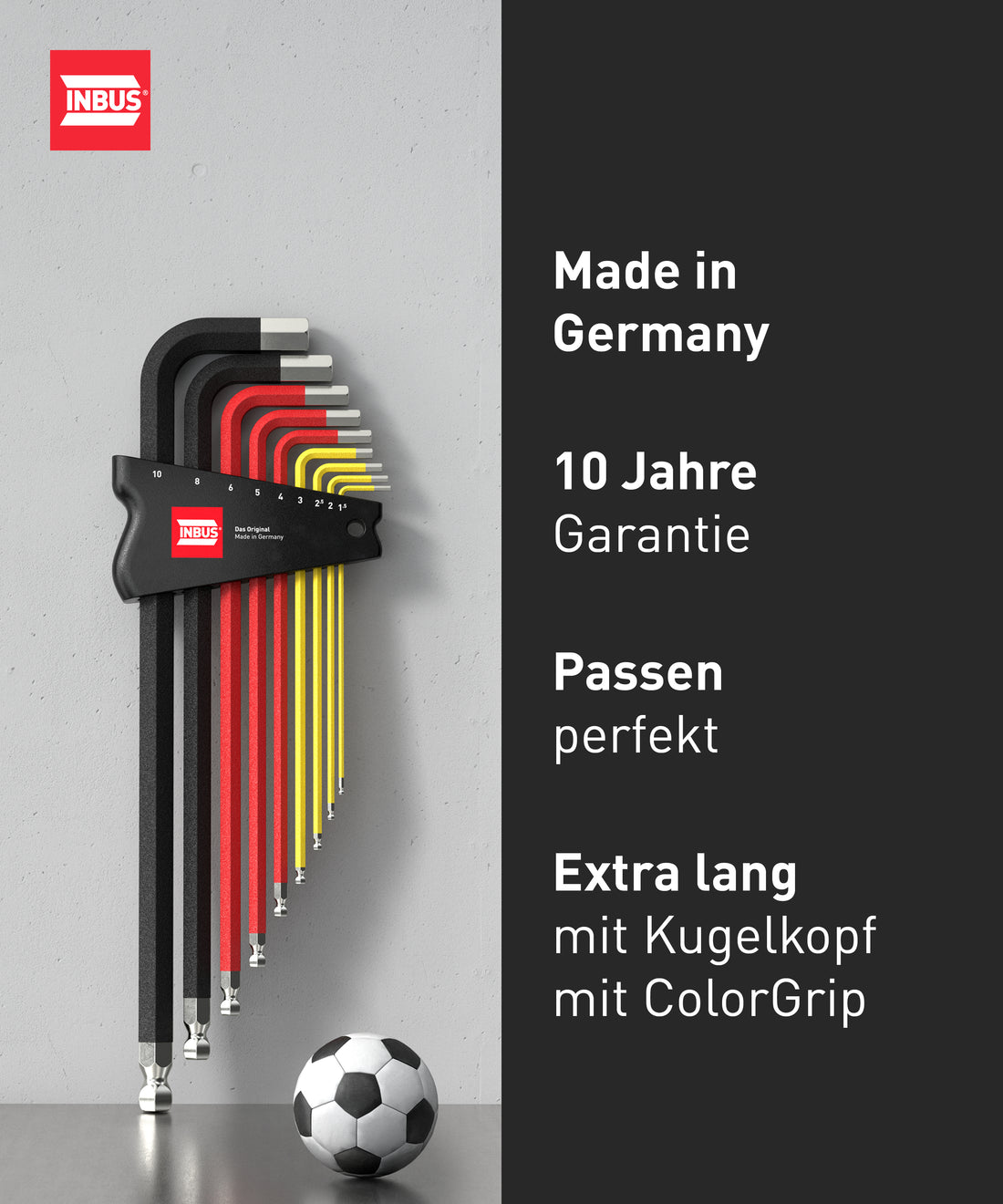 INBUS® 75558 Winkelschraubendreher Set 9tlg, 1.5–10mm, mit ColorGrip Deutschland & Kugelkopf — Made in Germany