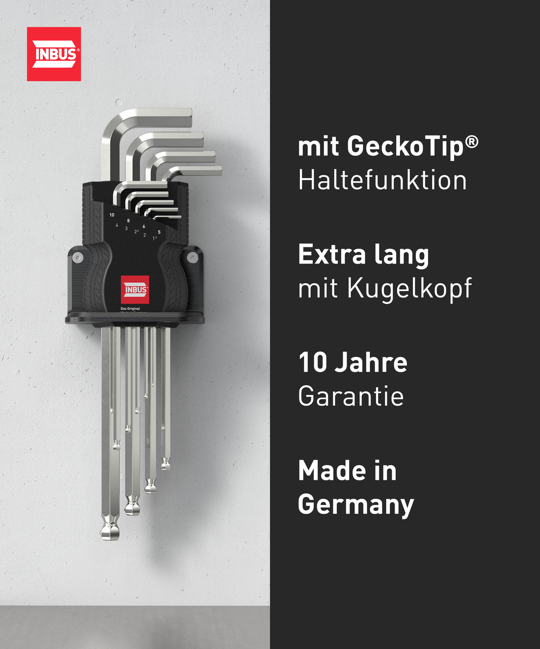 INBUS® 76893 Winkelschraubendreher Set 9tlg, 1.5–10mm, mit GeckoTip® & Kugelkopf — Made in Germany